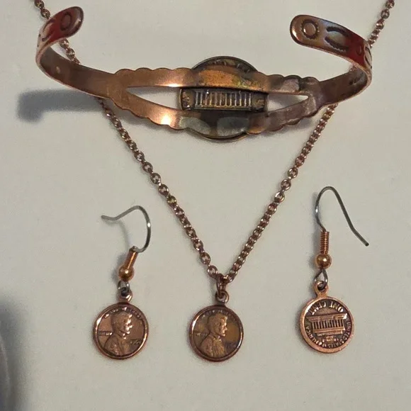 📣 Copper Penny Lincoln Mini 1964 Necklace & Dangle ER & Cuff REAL Penny 1968 🎁